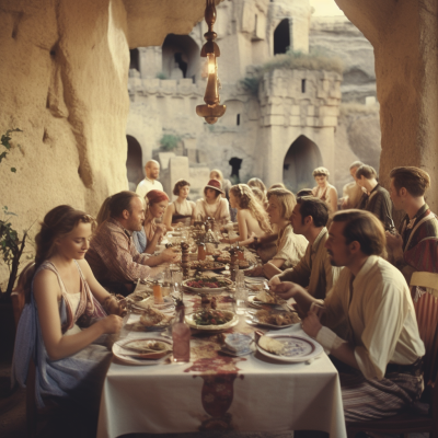 Melysid_30s_women_and_men_eating_in_the_barbarian_