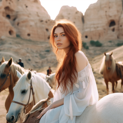 Melysid_A_red-haired_girl_riding_a_white_horse_amo