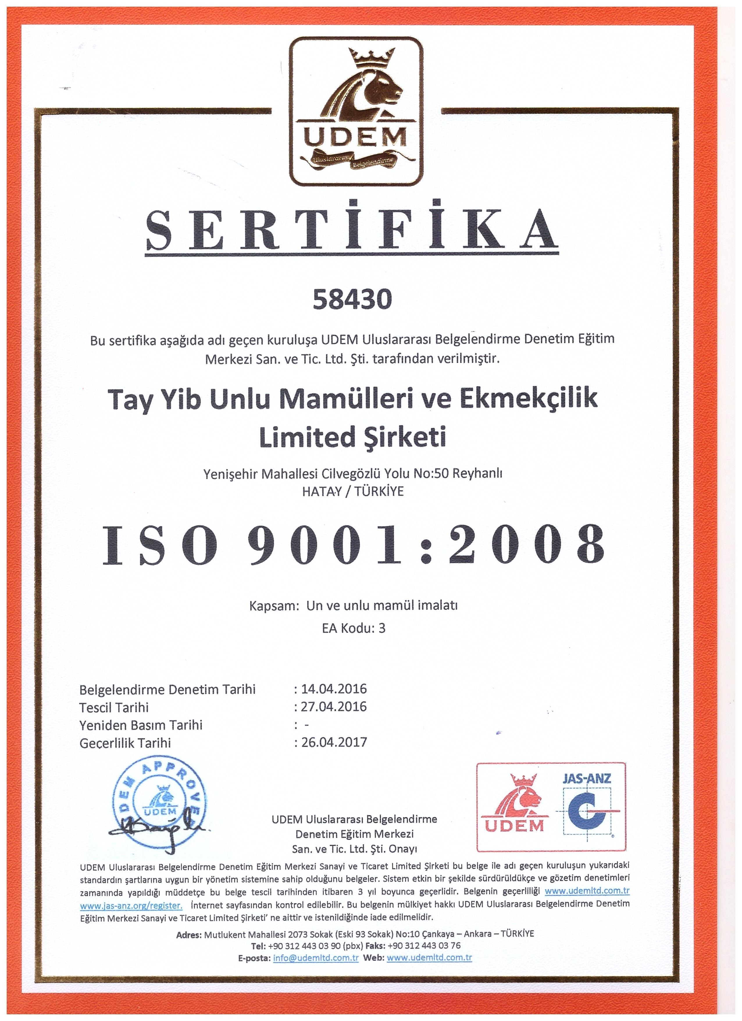 ISO 9001 Kalite Yönetimi Belgesi