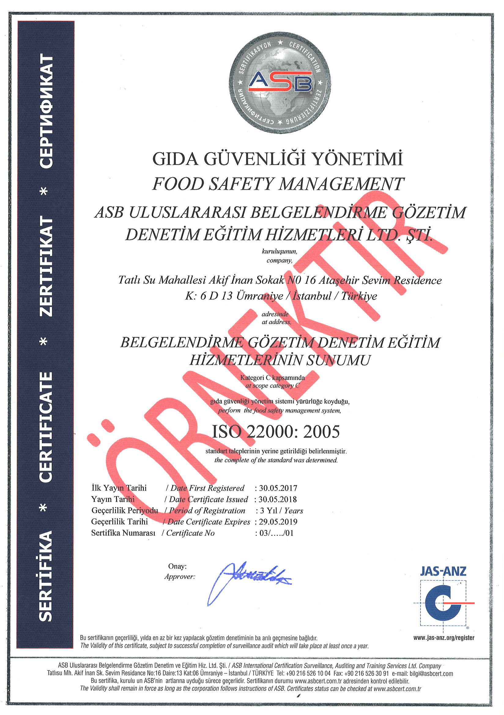 ISO 22000 Gıda Güvenliği Yönetim Sistemi Belgesi