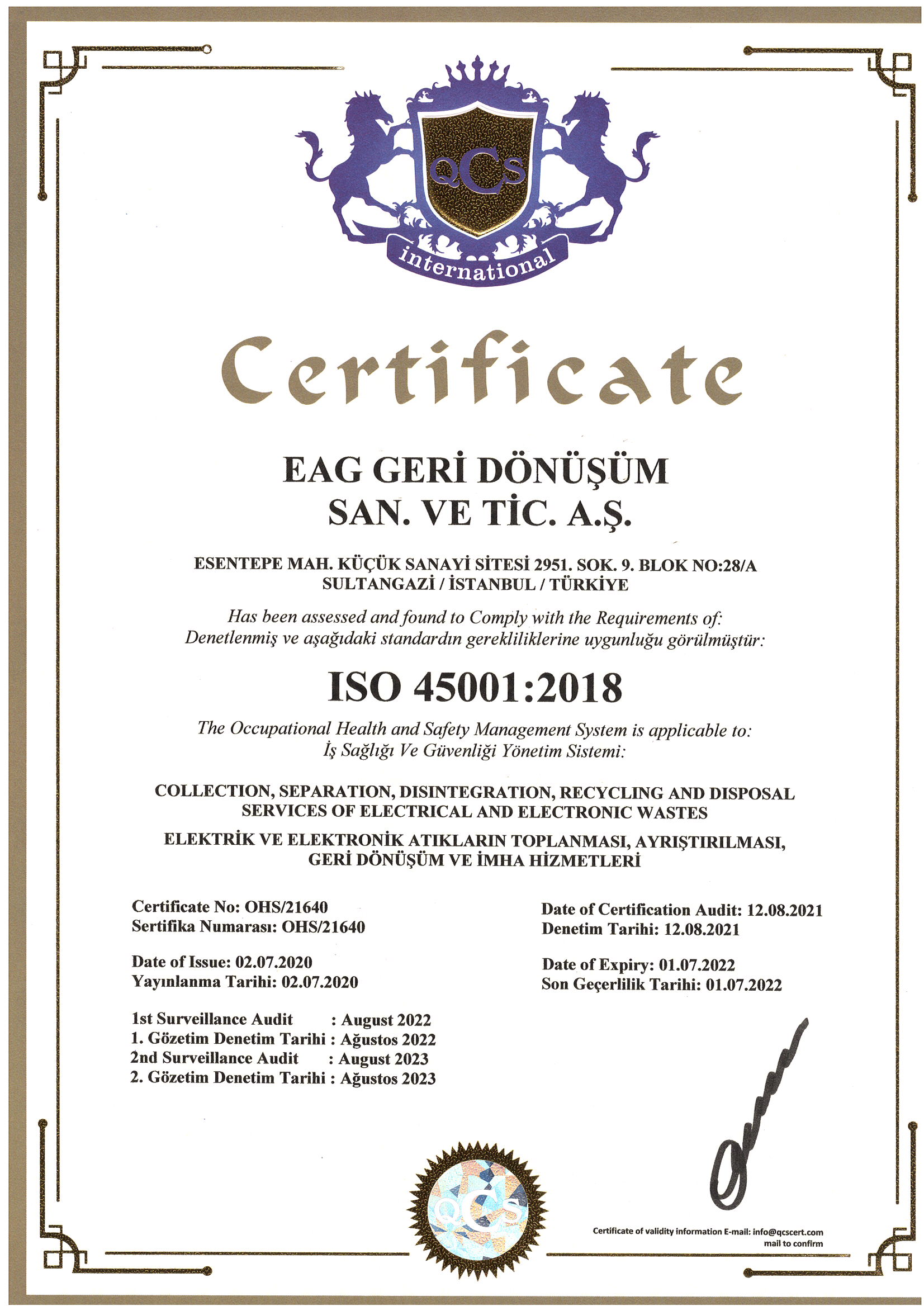 ISO 45001 İş Sağlığı ve Güvenliği Yönetim Sistemi Belgesi